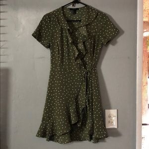 Olive green polka-dot wrap around dress